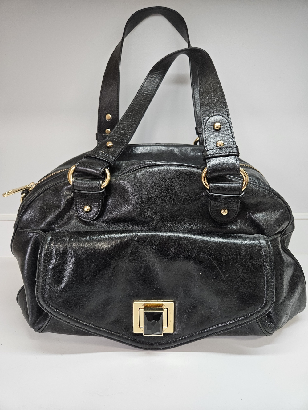 Badgley Mischka Black Leather Double Handle Turn Lock Satchel Bag
